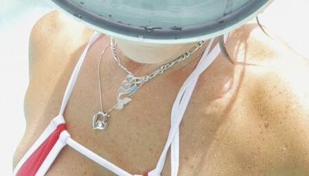 Carissa in the red and white micro bikini and high heels with a bare feet feature