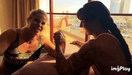 Part 1 Eckobelle vs Sheena in a VERY competitive arm wrestling match