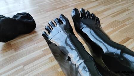 Putting on latex toe socks and shoes