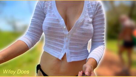 Wifey walks to the beach braless and her perfect tits bouncing