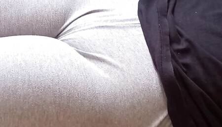 Giant pussy is marked between the leggings of a teenager