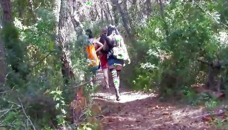 A simple hiking expedition ends up with a sensational outdoor threesome double penetration action