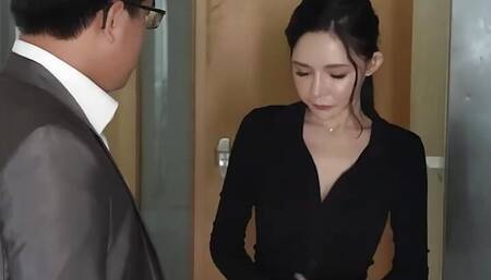 Hot Asian slut with huge boobs and hot pantyhose cheating with her big cock boss