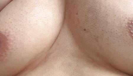 Close up Chubby Fat Guy playing with my natural huge big tits man boobs