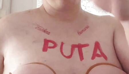 Spanish amateur milf ties her tits up and spanks them.  Then she shaves her head.  Fat submissive slut.