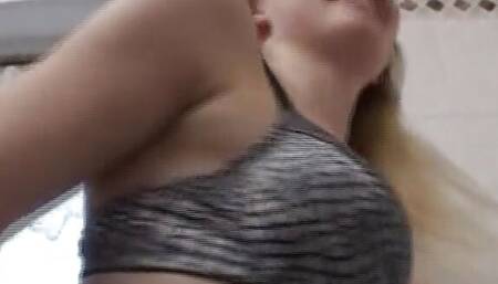 Small titted German chick pleasing her muff and eating cum in POV