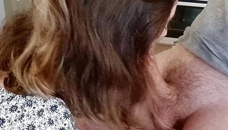 Perfect amateur blowjob without hands with cumshot on hair and clothes