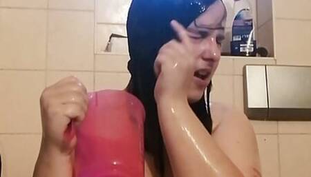 Girl with Dickens tits bathes her body and enjoys it
