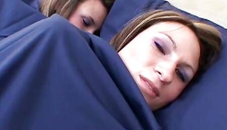 Naughty twins masturbate side by side in bed