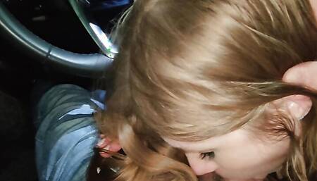 Cute redhead SexWife sucked in the car while her loser husband, cuckold jerks off at home