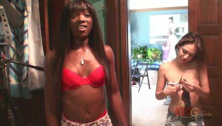 Lola Foxx, Ana Foxxx, and Sara Luvv behind the scenes of their 3-way girl on girl video shoot