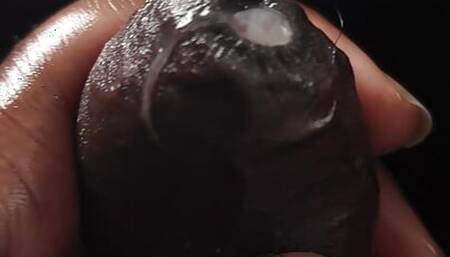 Hard jerking off hard black cock with pre-cum