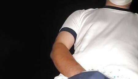 Japanese boy in PE uniform outdoors masturbates and cums