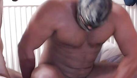 Masked British muscle join us in a 3some fuck,leaves his seed all over Hubby .