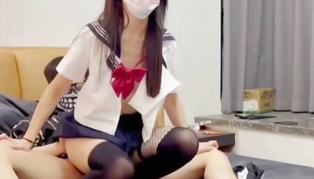 Cute Asian college slut with sexy lingerie fingering herself teasing the big cock to fuck her