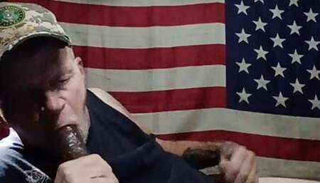 Sucking Black dildo jacking off eating my own cum