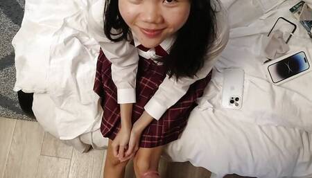 POV cute 18yo Japanese schoolgirl gets a huge facial after she sucks her stepdads dick to thank him for her new phone
