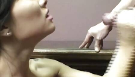 Slave guy worships his domina lady and gives her great pleasure with his long tongue