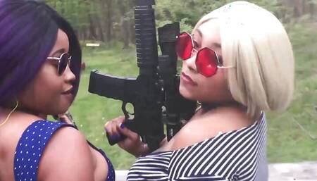 Layla Red dominates Nina Rivera 's pussy in the backyard with her strapon