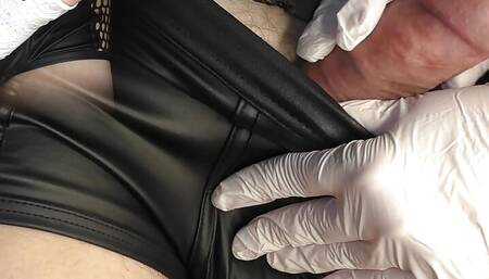 Cock check with white latex gloves. The horny black panties seem to fit well.