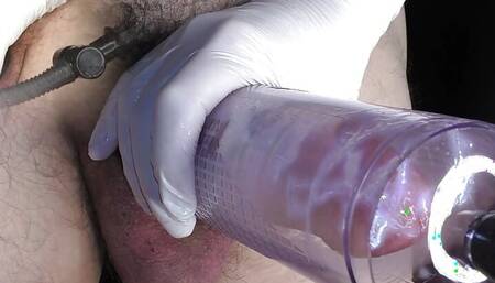 Pump up the cock, mistress with white latex gloves.