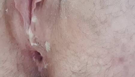 This trans boy is so hot that he dildos his hole with his pussy full of cum