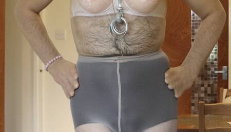 Crossdresser all in pantyhose, jerk off and sticks his nylon fingers up her ass.