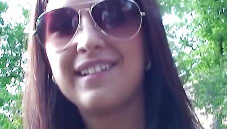 Cute brunette teen Katie Oliwer flashing outdoors