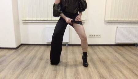 Office secretary tranny dancing in satin wide leg palazzo trousers and crop top