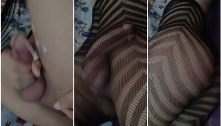 Horny lil femboy in a sexy fishnet showing his fit body and playing with his asshole till he cum