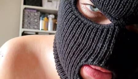Ski Mask Blowjob: Chick has hypnotic blue eyes and sucks until he explodes cum
