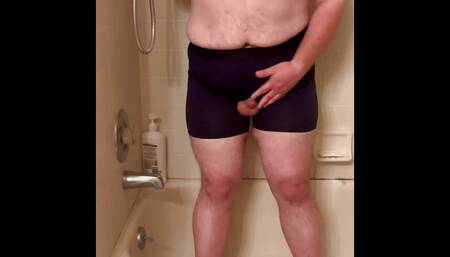 Chubby gay with tiny dick wets his underwear then cums with massage gun