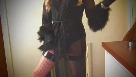 Smoking in black lingerie