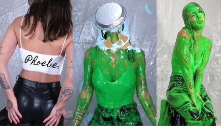 Phoebe Is Green Slimed and Pied in Tight Leather Pants