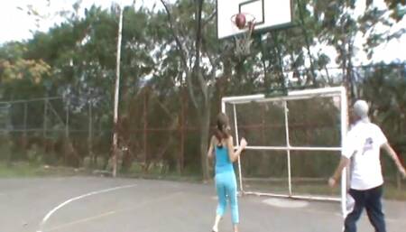 Busty cute petite teen plays on the court