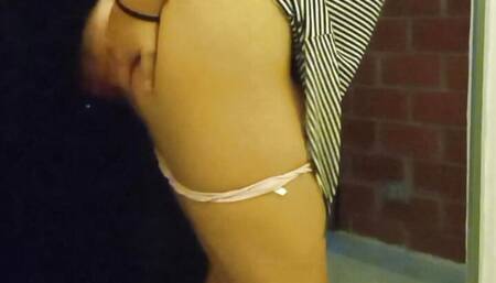 Fucking behind the theater dressing rooms with my girlfriend, quickie sex in public!