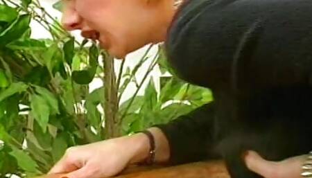 Horny blonde gets banged in the veranda