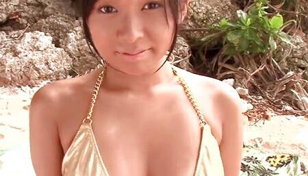 Sexy skinny Japanese slut with hot bikini have a hardcore sex with stranger on the beach