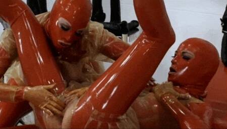 Perverted lesbian piss sluts in red latex outfits - Part 1 of 4 - Bondaged chain slave and pussy treatment