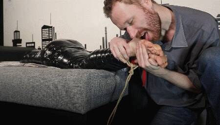 Secret agent's nightmare: foot licking in tight PVC mummification (HD)
