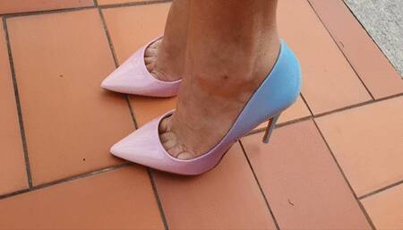 Walk with me and my new rainbow high heels