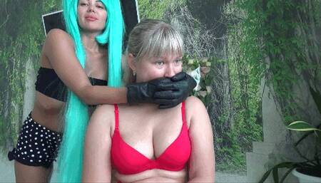hands in leather gloves over her mouth and on her neck 7N