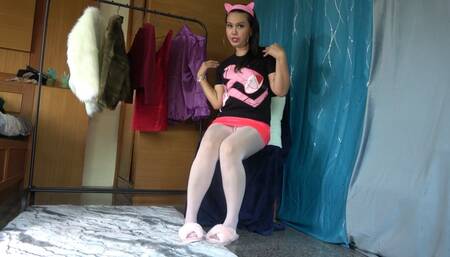 Pink Panther and Shiny Pantyhose and Slippers - 4K