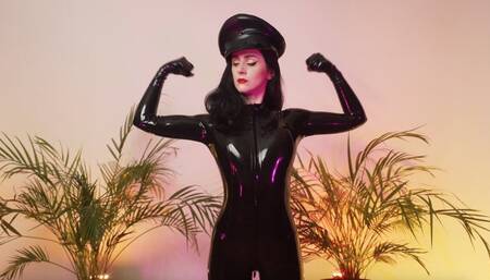 Goddess shows off biceps in a black latex catsuit (1080p)