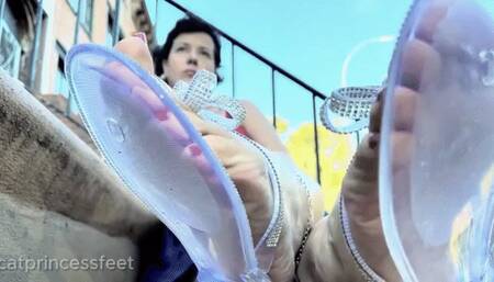 Jelly flip flops, tease from every angle, walking, up steps, milf sole scrunching, long legs, pink toes