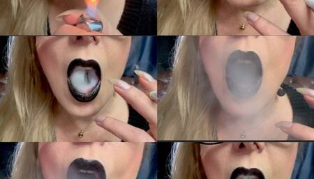 Close-up - NEWPORT - OPEN MOUTH INHALES AND OPEN MOUTH EXHALES - COUGHING - BLACK LIPSTICK