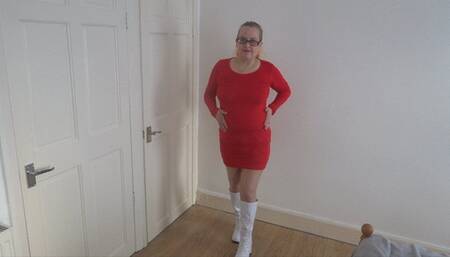 wearing red dress Stockings and suspenders and boots stripping