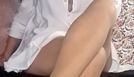 Smoker Stepmommy looks so hot with her Sobranie Pink in skin colored pantyhose without panties and milfy peep toes