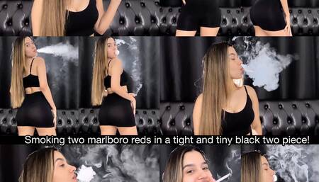 Smoking two marlboro reds in a tight and tiny black two piece black set! Two scenes! two angles!