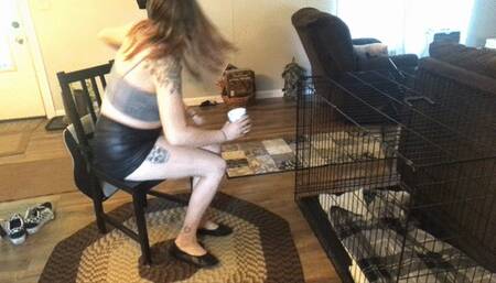 Annoying puppy gets put in his cage